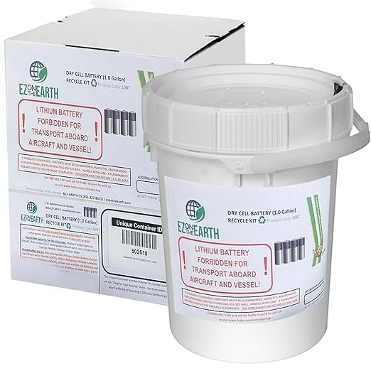 Dry Cell Battery Recycling Container Kit - 1 Gallon Battery Recycling Pail - Pre-Paid/Mail-Back Recycle kit That Holds up to 13.2 lbs Batteries - Recycling Pail with Cardboard Box