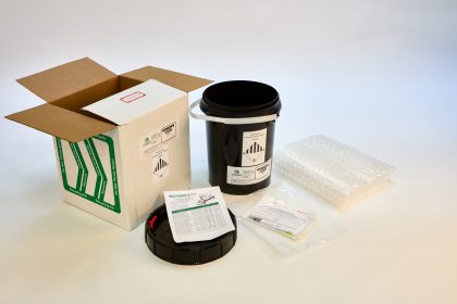 Airbag Recycling Container Kit |  5 Gallon, Airbag Disposal Bin with Lid & 14″ x 14″ x 16″ Box with variable quantity based upon size of non-deployed airbags - Model 50AB