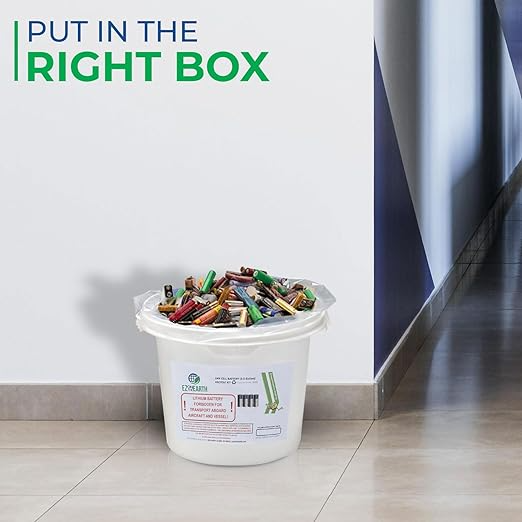 Dry Cell Battery Recycling Container – 3.5 Gallon, Battery Disposal Bin with Lid That Holds up to 41.8 lbs Batteries - Recycling Pail with Cardboard Box